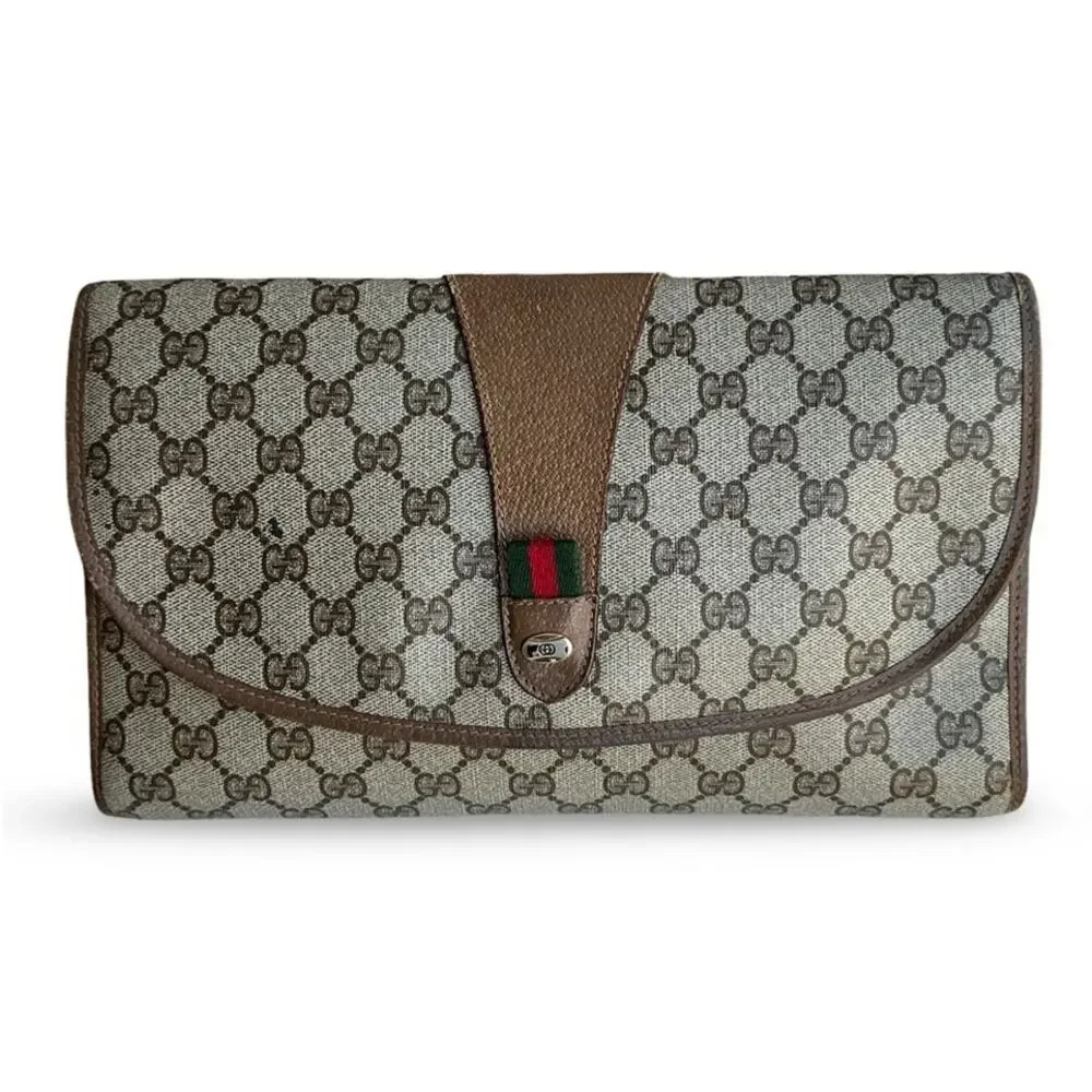 Gucci Beige GG Supreme Canvas Clutch with Brown Trim and Green-Red Web
